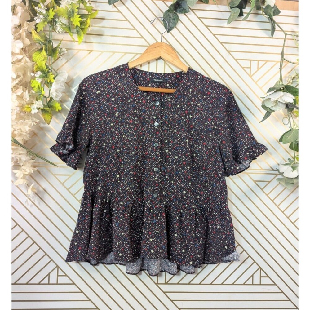 Madewell K1701 Womens Studio Ruffle-Hem Peplum Top Button Front Starry Night SM
